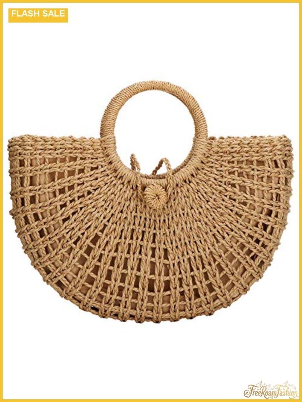 Handwoven Straw Tote Bag Round Ring Handle Summer Beach Rattan Handbag
